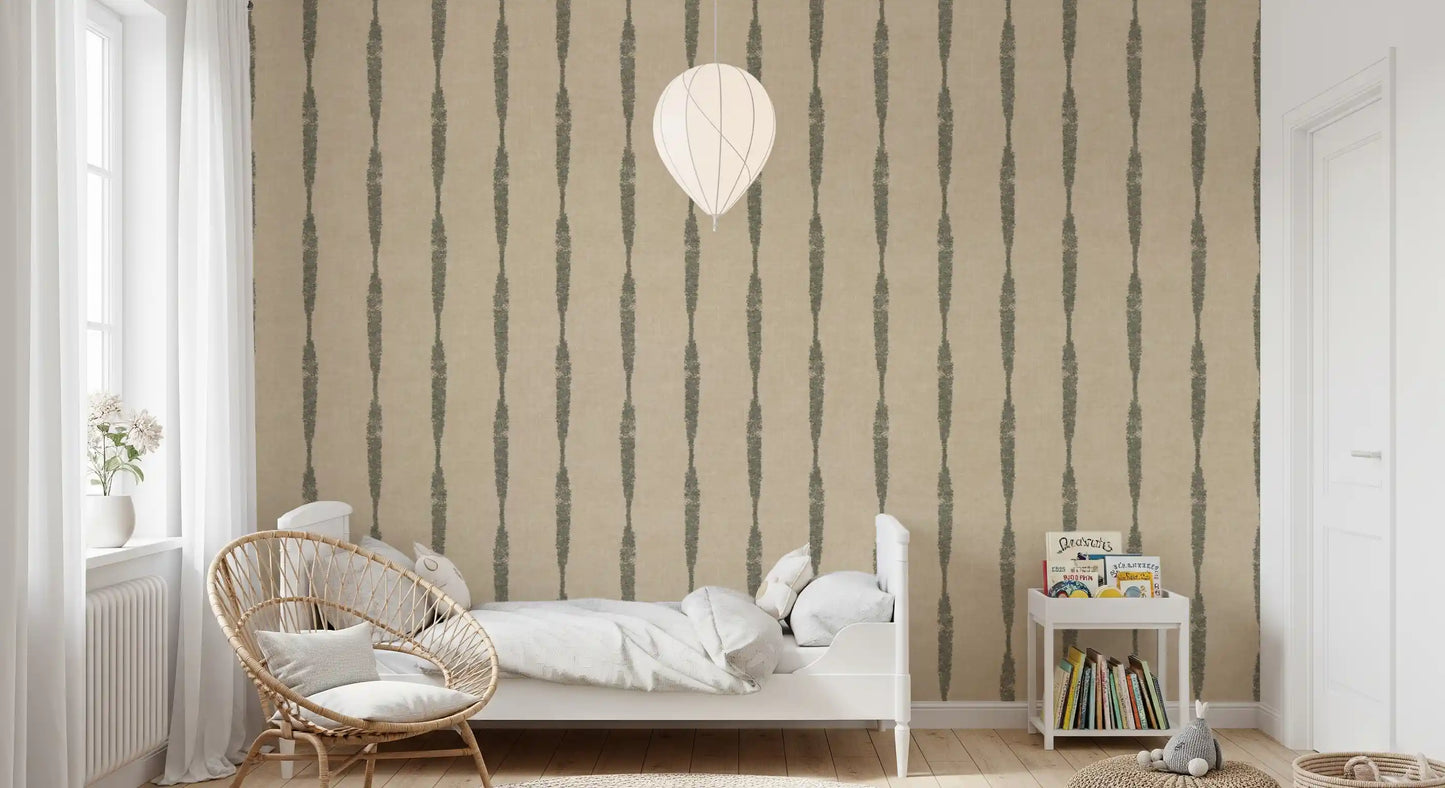Muted Green Textured Distressed Stripes on Warm Beige Wallpaper⁠