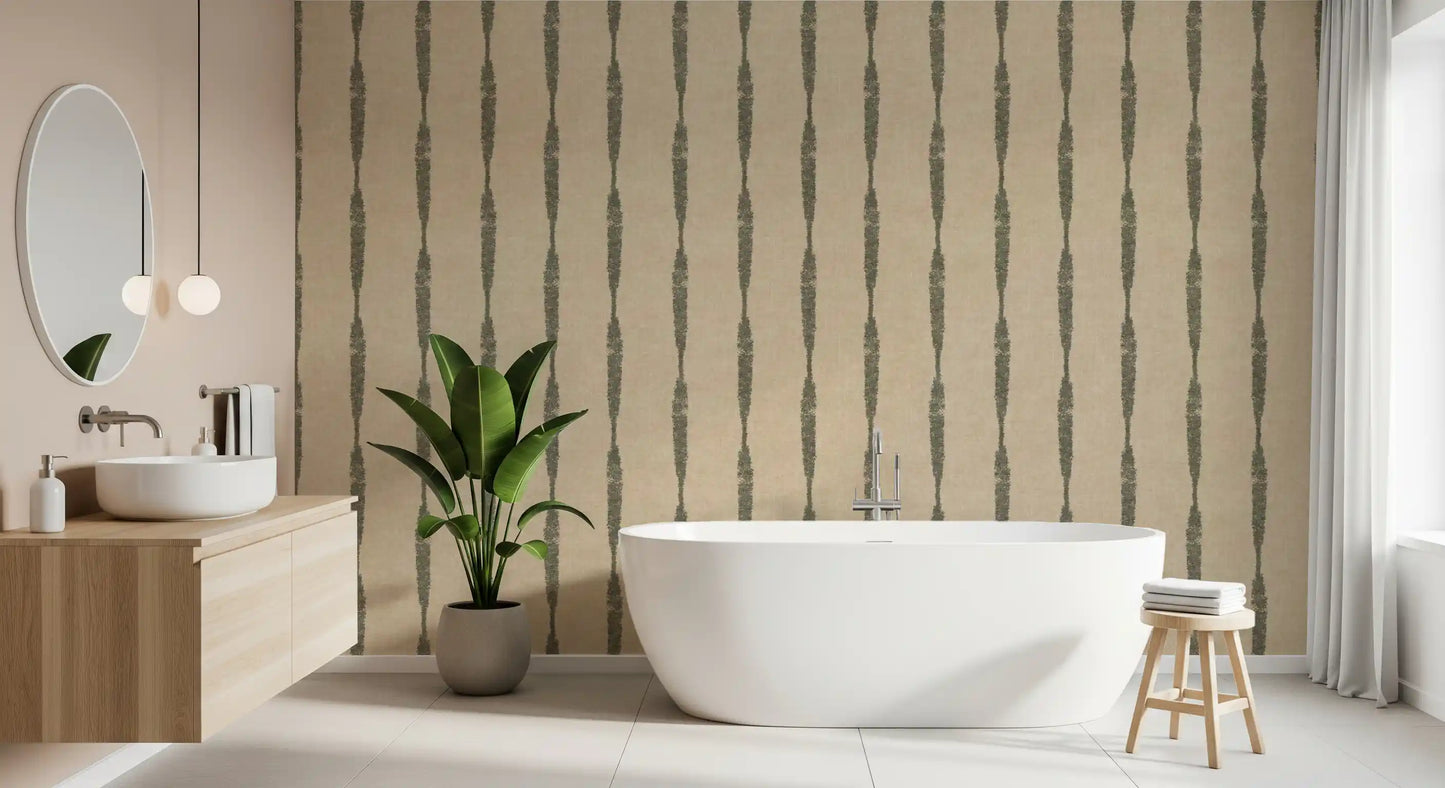 Muted Green Textured Distressed Stripes on Warm Beige Wallpaper⁠