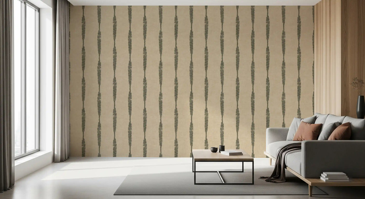 Muted Green Textured Distressed Stripes on Warm Beige Wallpaper⁠