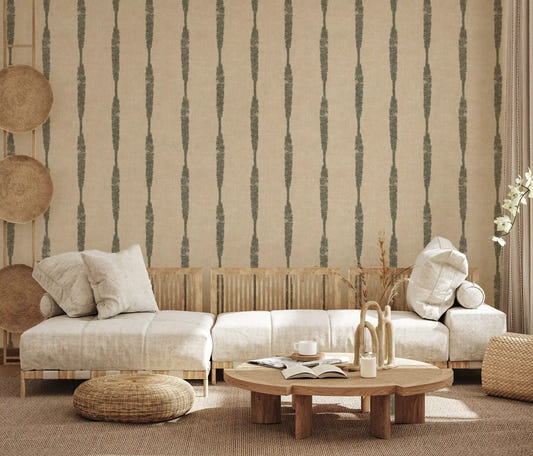 Living room featuring Muted Green Textured Distressed Stripes on Warm Beige Wallpaper.