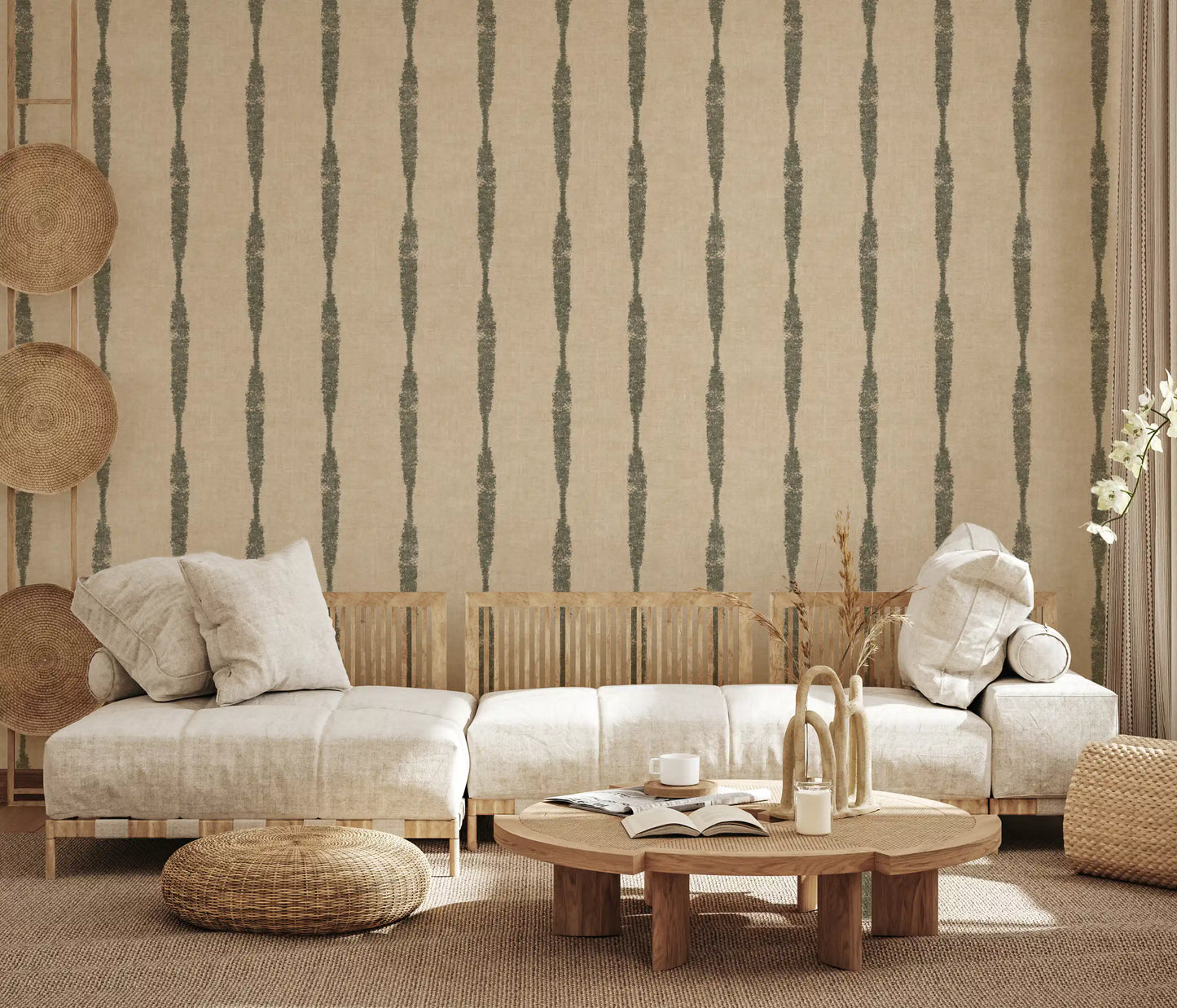 Muted Green Textured Distressed Stripes on Warm Beige Wallpaper⁠