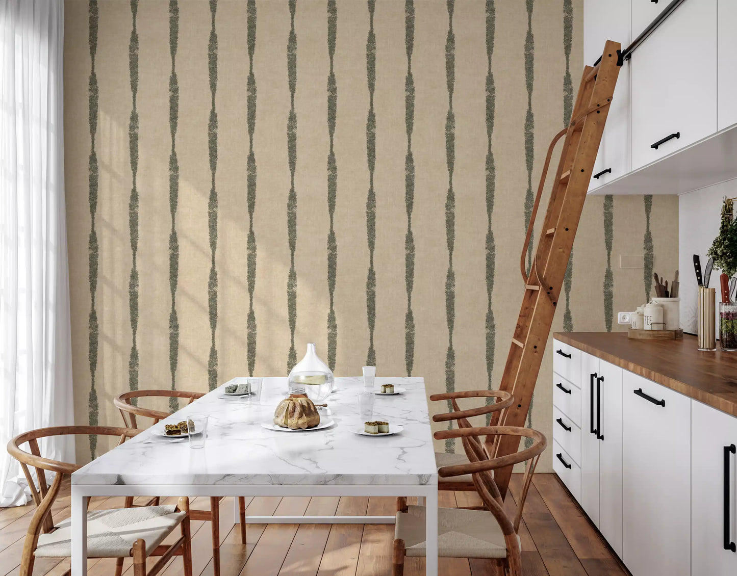 Muted Green Textured Distressed Stripes on Warm Beige Wallpaper⁠
