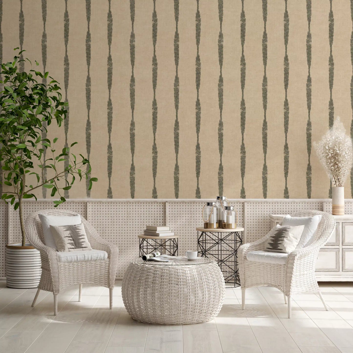 Muted Green Textured Distressed Stripes on Warm Beige Wallpaper⁠