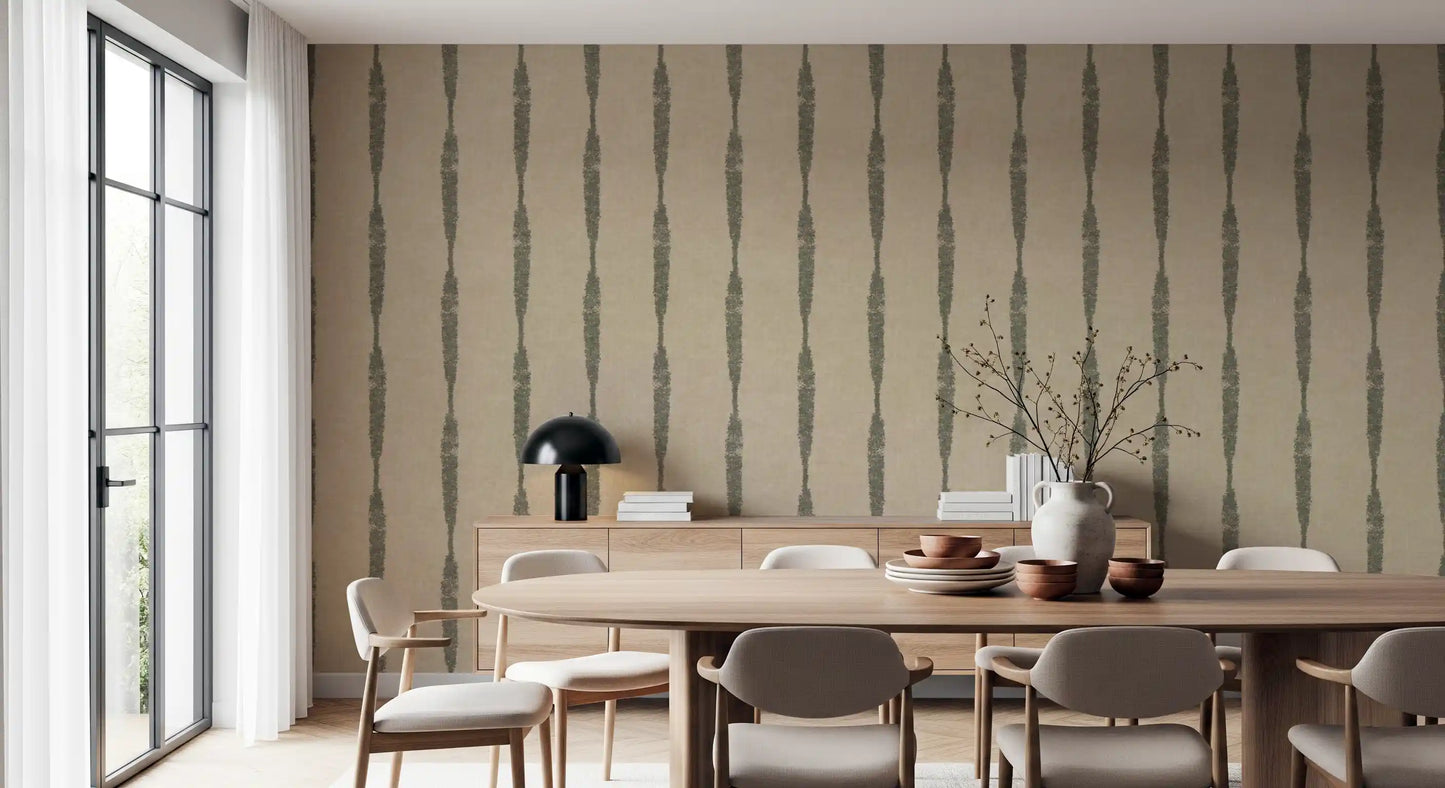 Muted Green Textured Distressed Stripes on Warm Beige Wallpaper⁠
