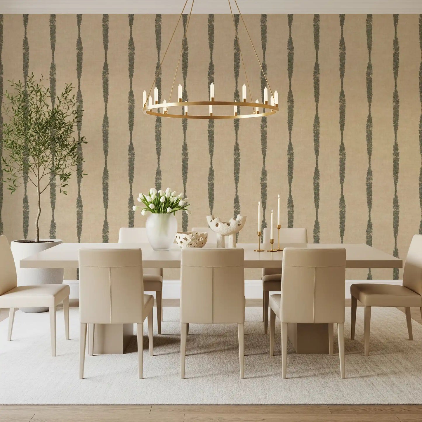 Muted Green Textured Distressed Stripes on Warm Beige Wallpaper⁠