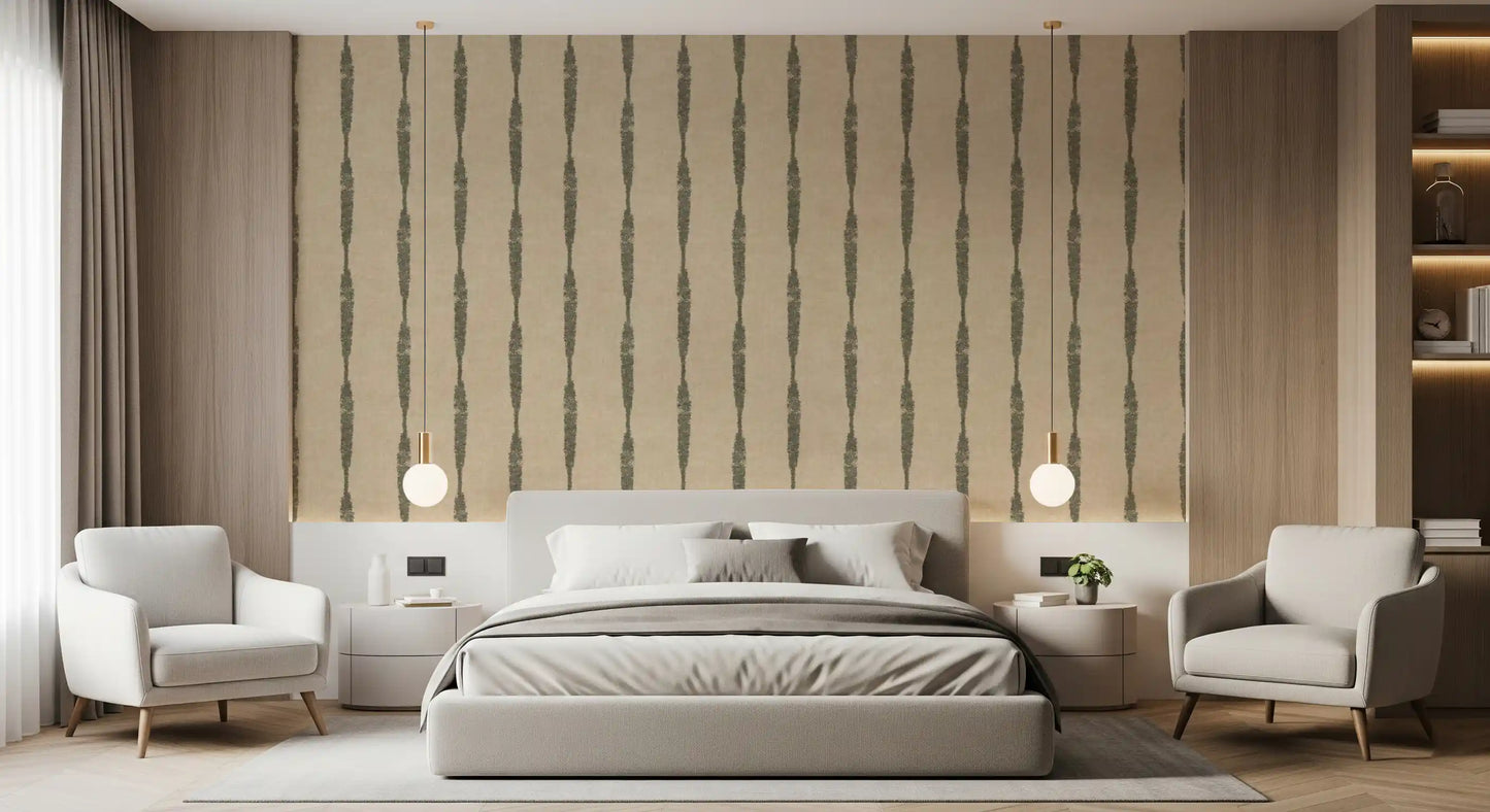Muted Green Textured Distressed Stripes on Warm Beige Wallpaper⁠