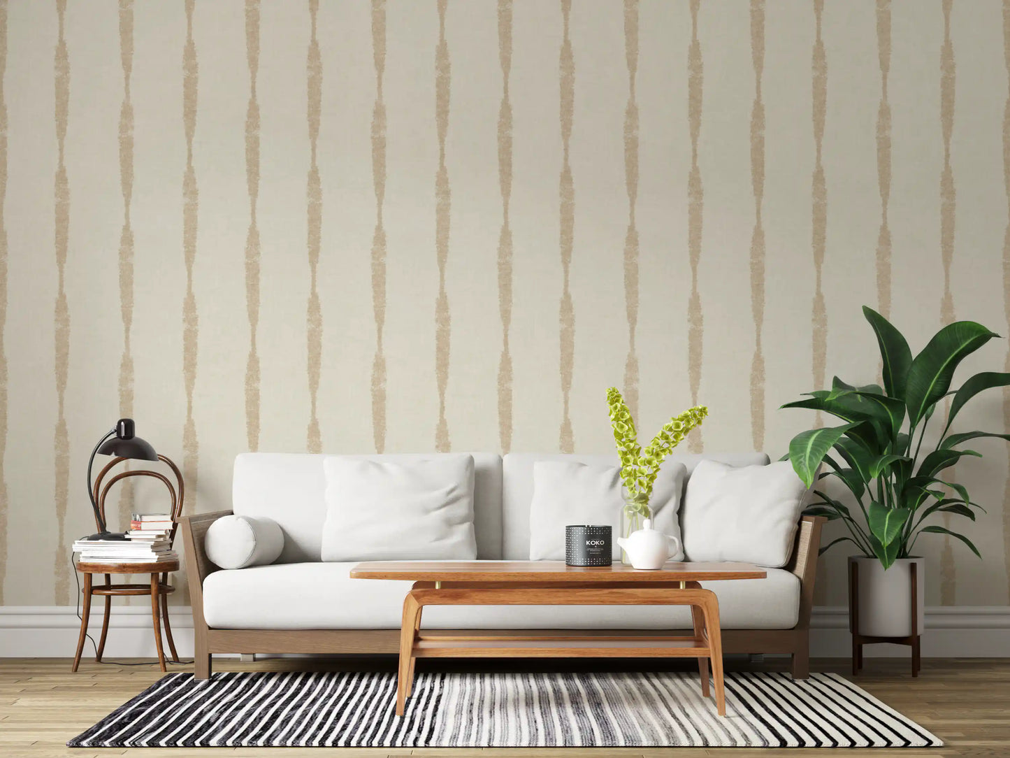 Tranquil Living room enhanced by this distressed beige stripes wallpaper.