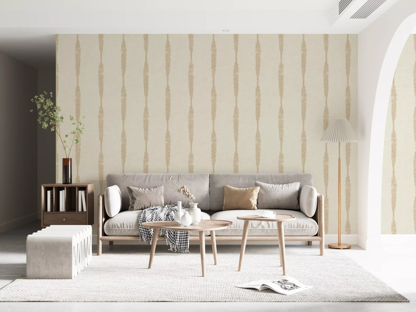 lounge highlighting a creamy white wallpaper with subtle lines.