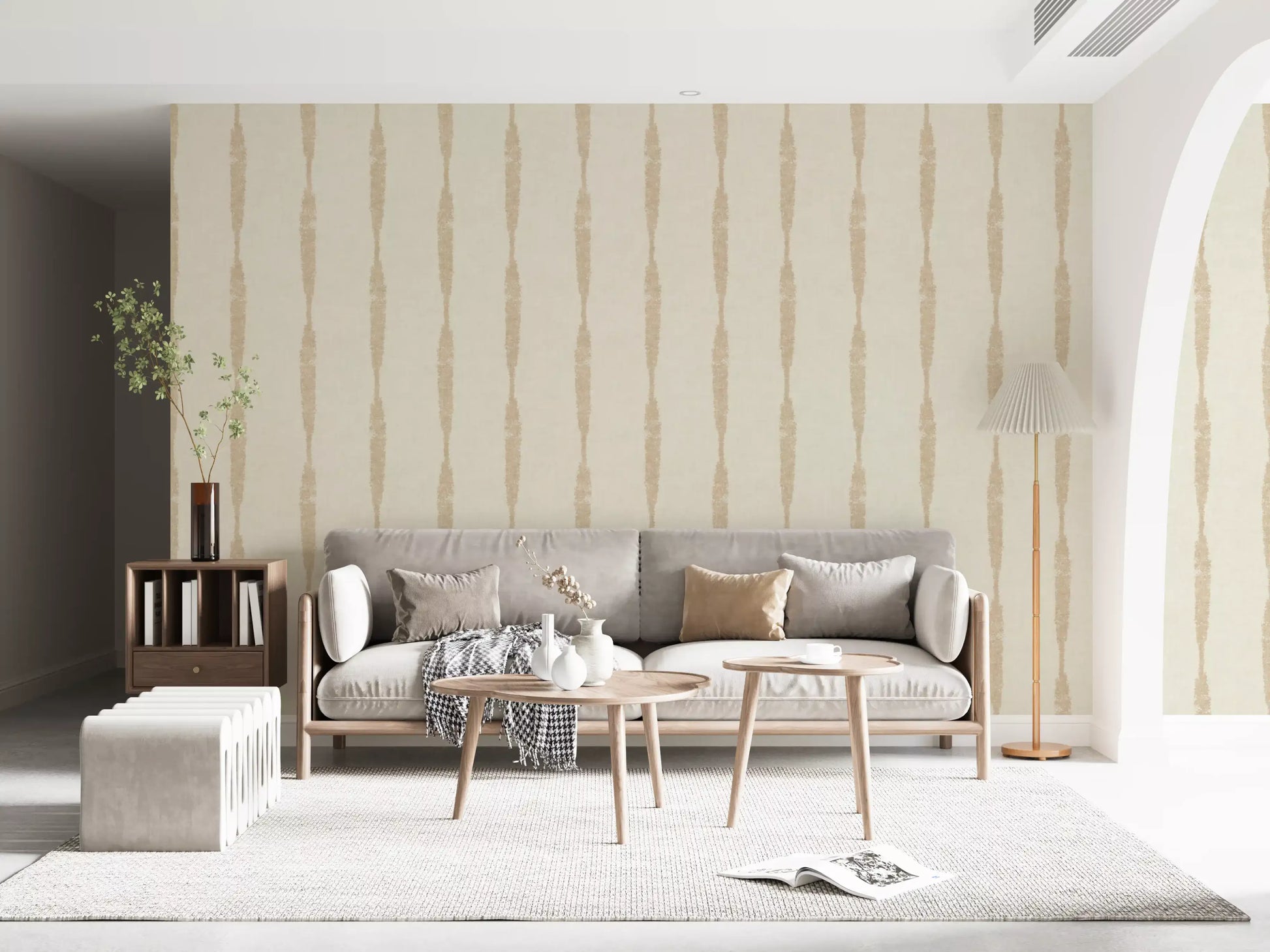 lounge highlighting a creamy white wallpaper with subtle lines.