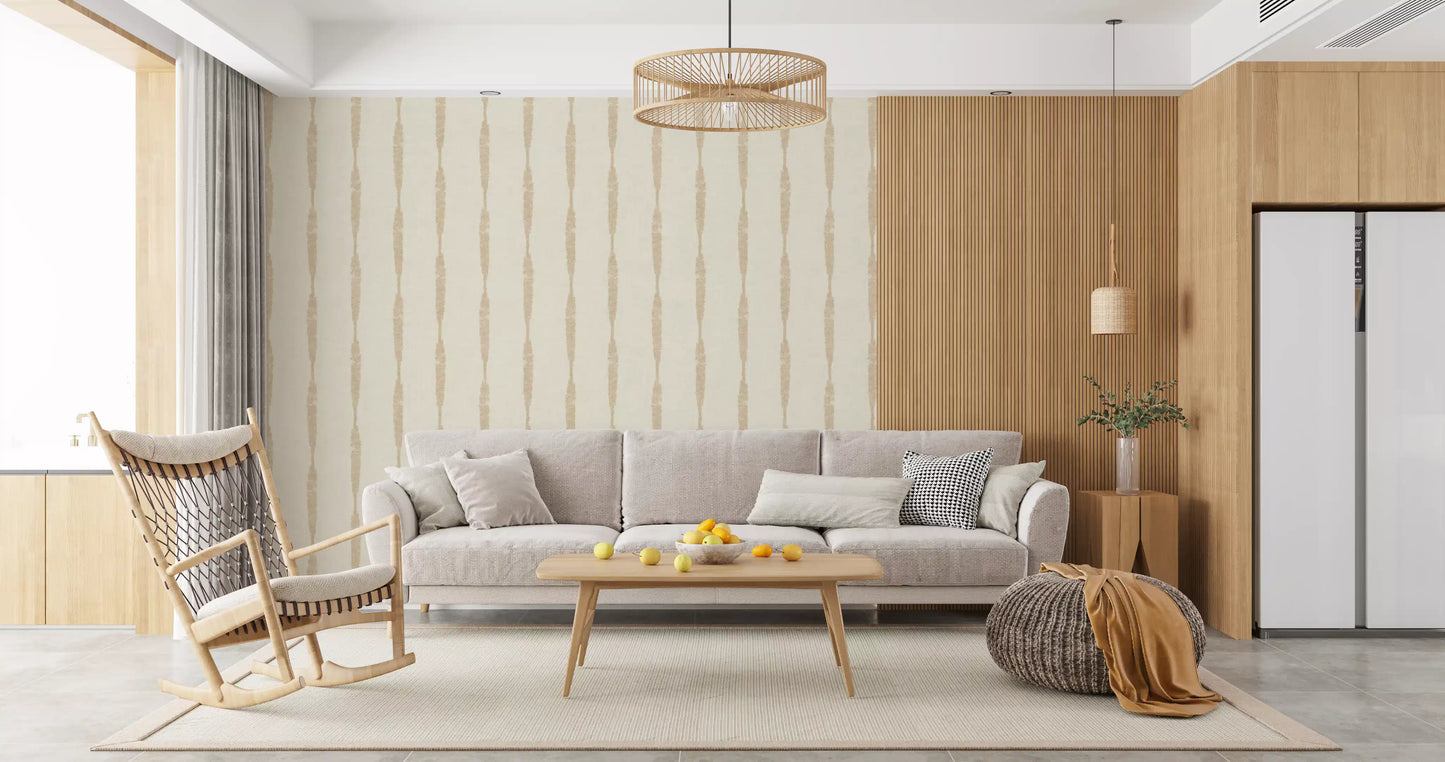 Close-up details reveal organic lines on the warm beige textured wallpaper.