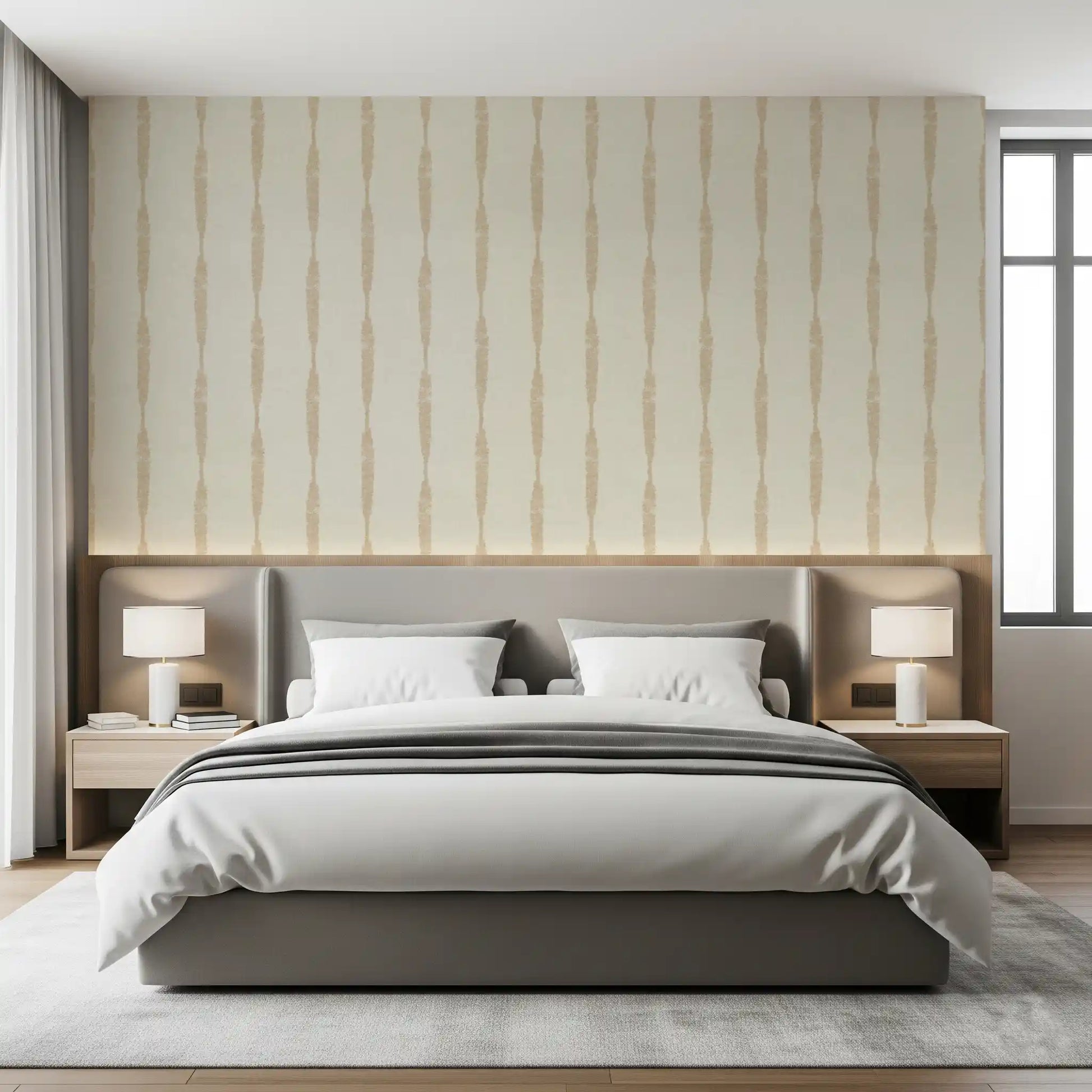 Elegant Bedroom  presenting the warm beige textured wallpaper.