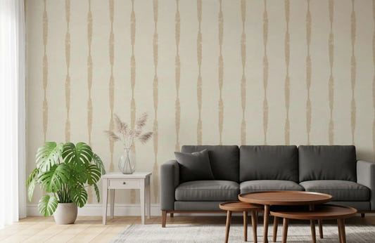Bright living room displaying the warm beige textured distressed stripes wallpaper