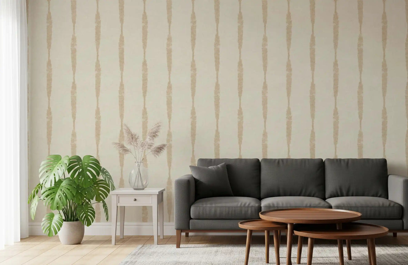 Bright living room displaying the warm beige textured distressed stripes wallpaper