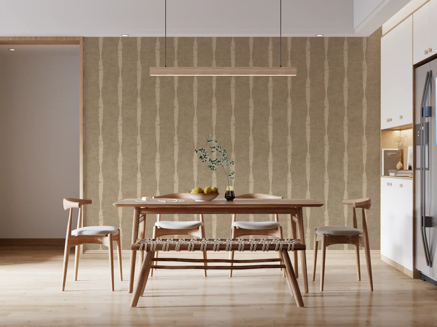 Earthy dining room paired with distressed kaki stripes wallpaper for warm contrast.
