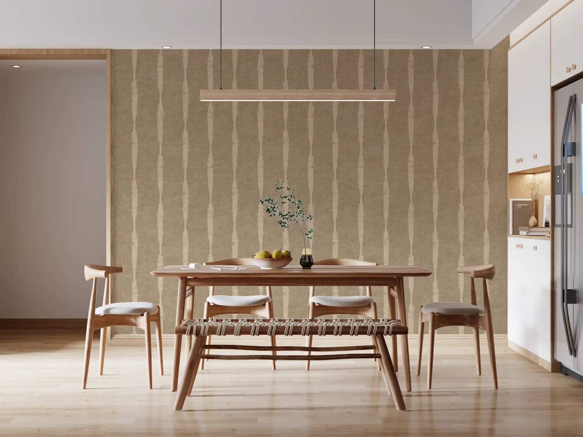 Earthy dining room paired with distressed kaki stripes wallpaper for warm contrast.
