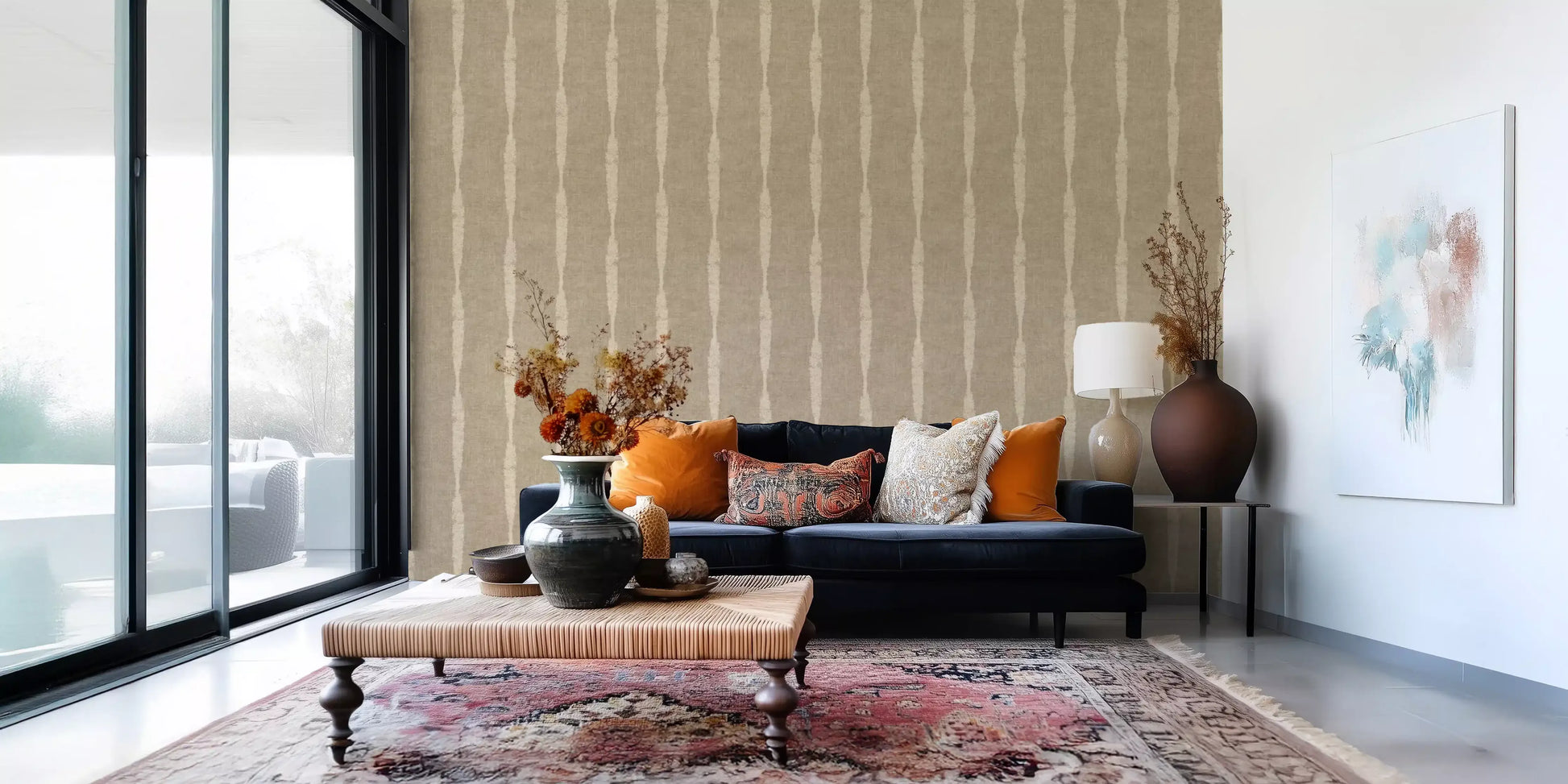 Vertical kaki stripes wallpaper with feathered beige edges and earthy grainy texture.