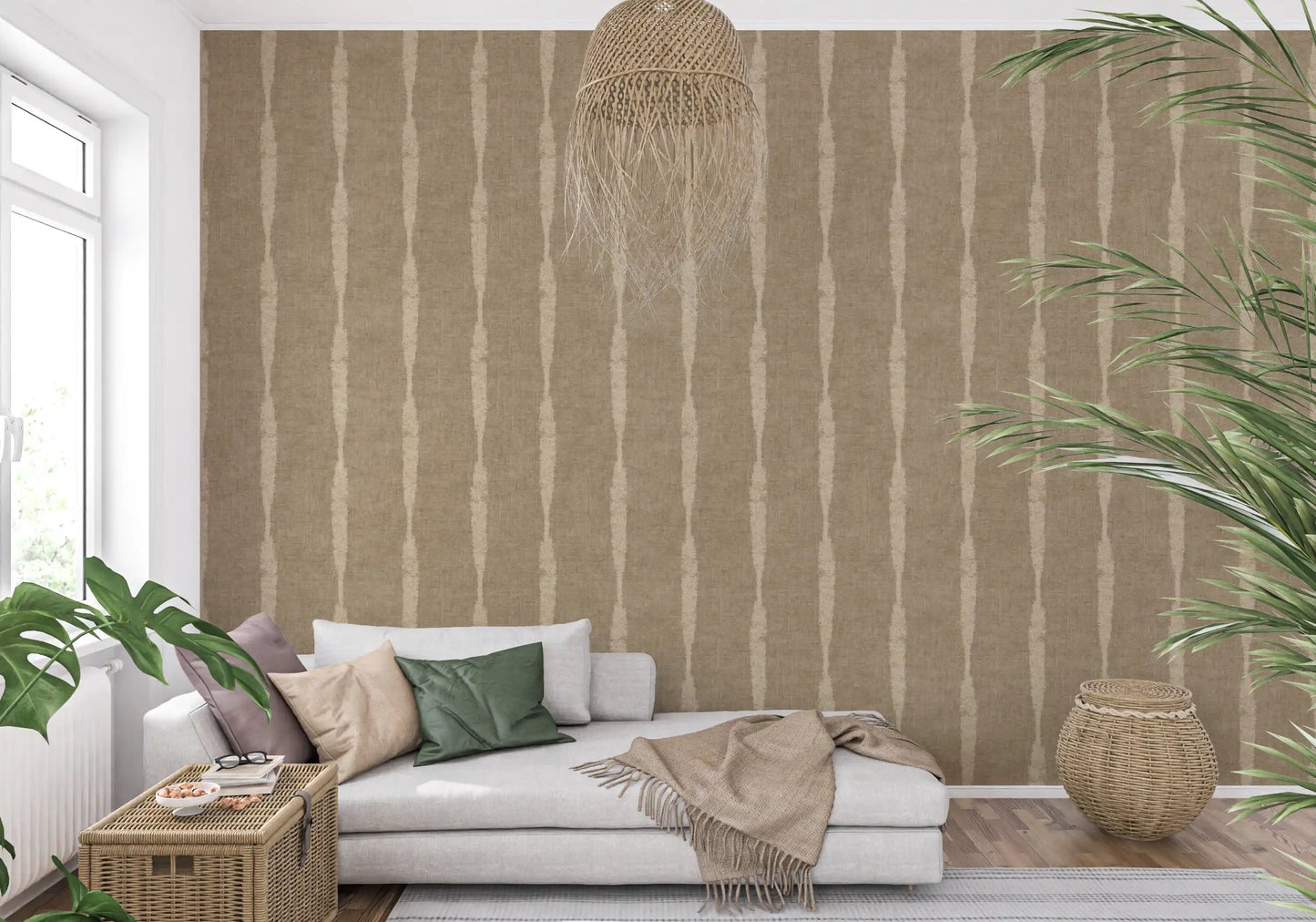 Beige and kaki textured stripes wallpaper sets a calm tone in the living room.
