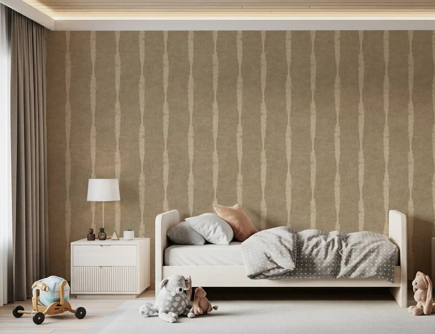 Warm beige and kaki tones blend across the textured stripes wallpaper pattern.