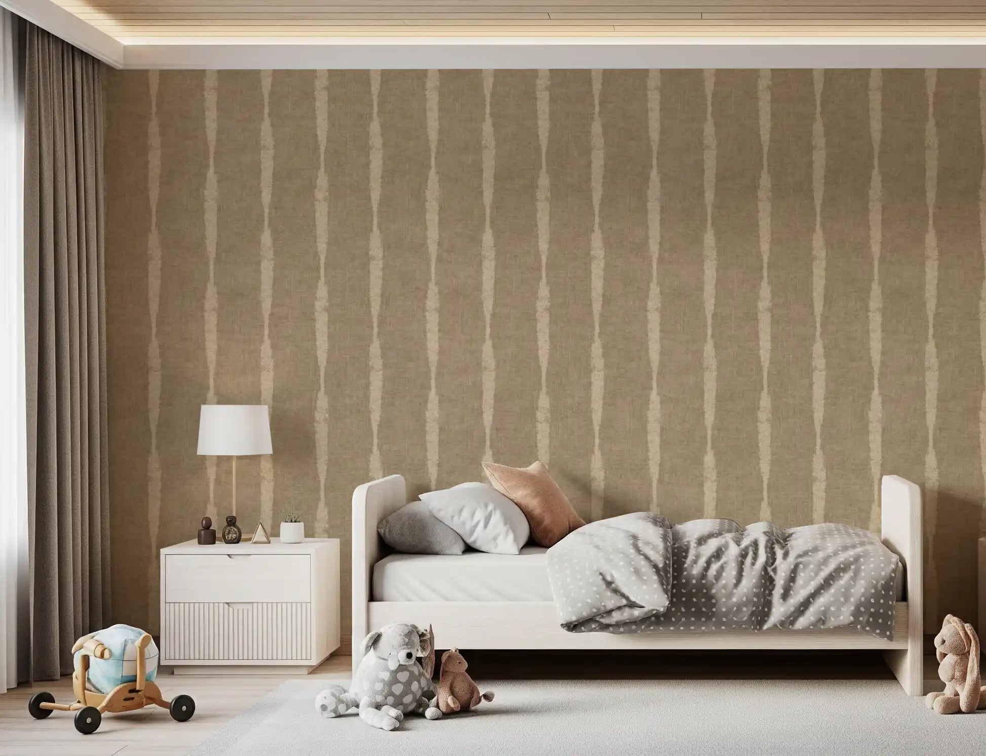 Warm beige and kaki tones blend across the textured stripes wallpaper pattern.