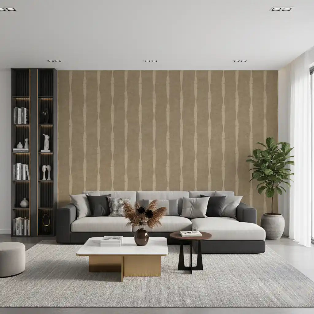 Earthy kaki ground sits beneath beige distressed stripes wallpaper with grainy depth.