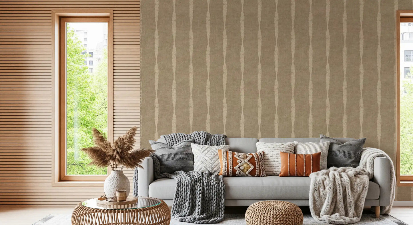 A calm Living room retreat dressed in warm kaki stripes wallpaper with subtle texture.