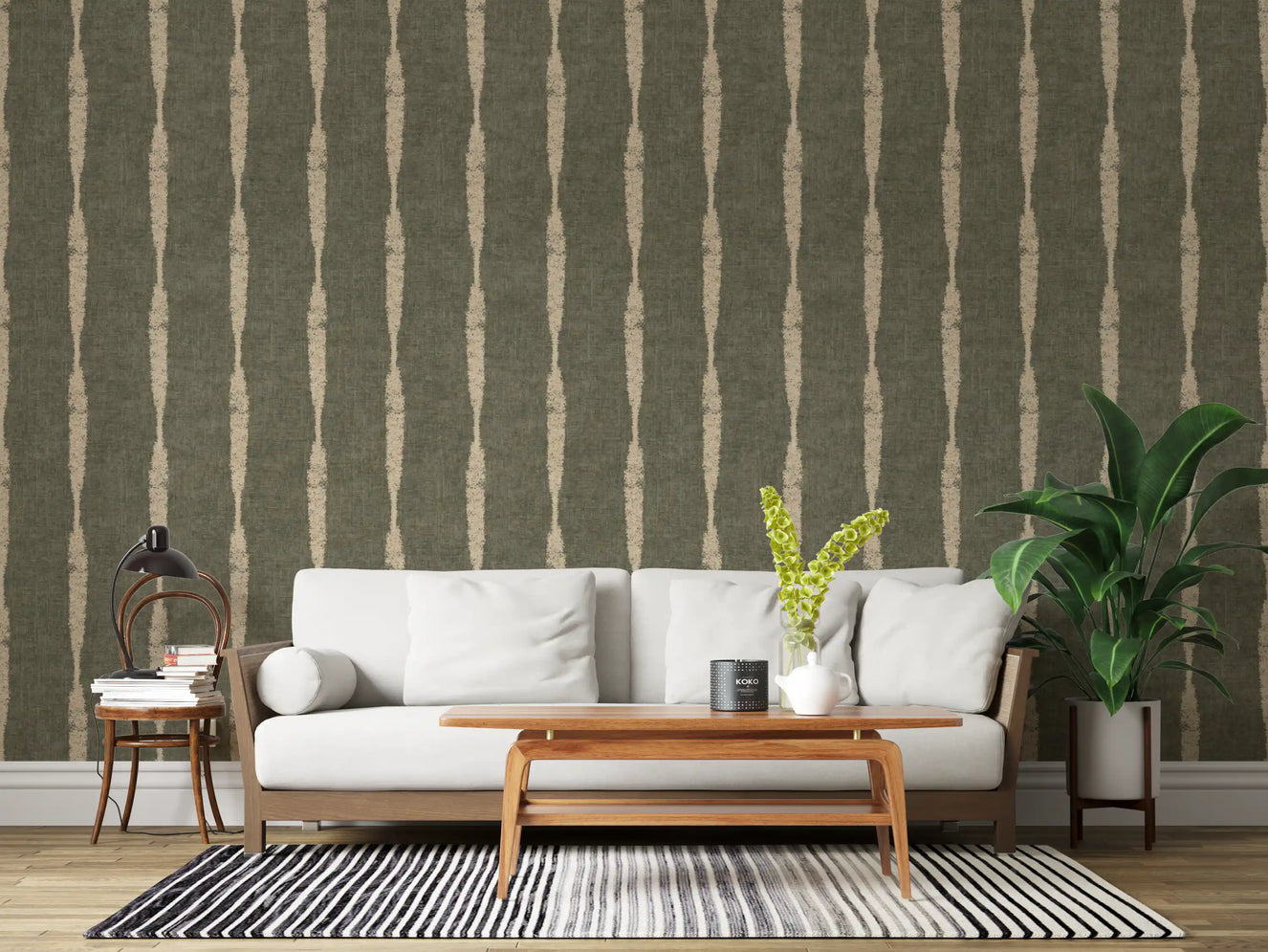 Cosy mood in this living room comes from chalky beige stripe wallpaper on green
