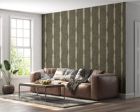 Chalky beige stripes drift over muted green in this textured wallpaper pattern