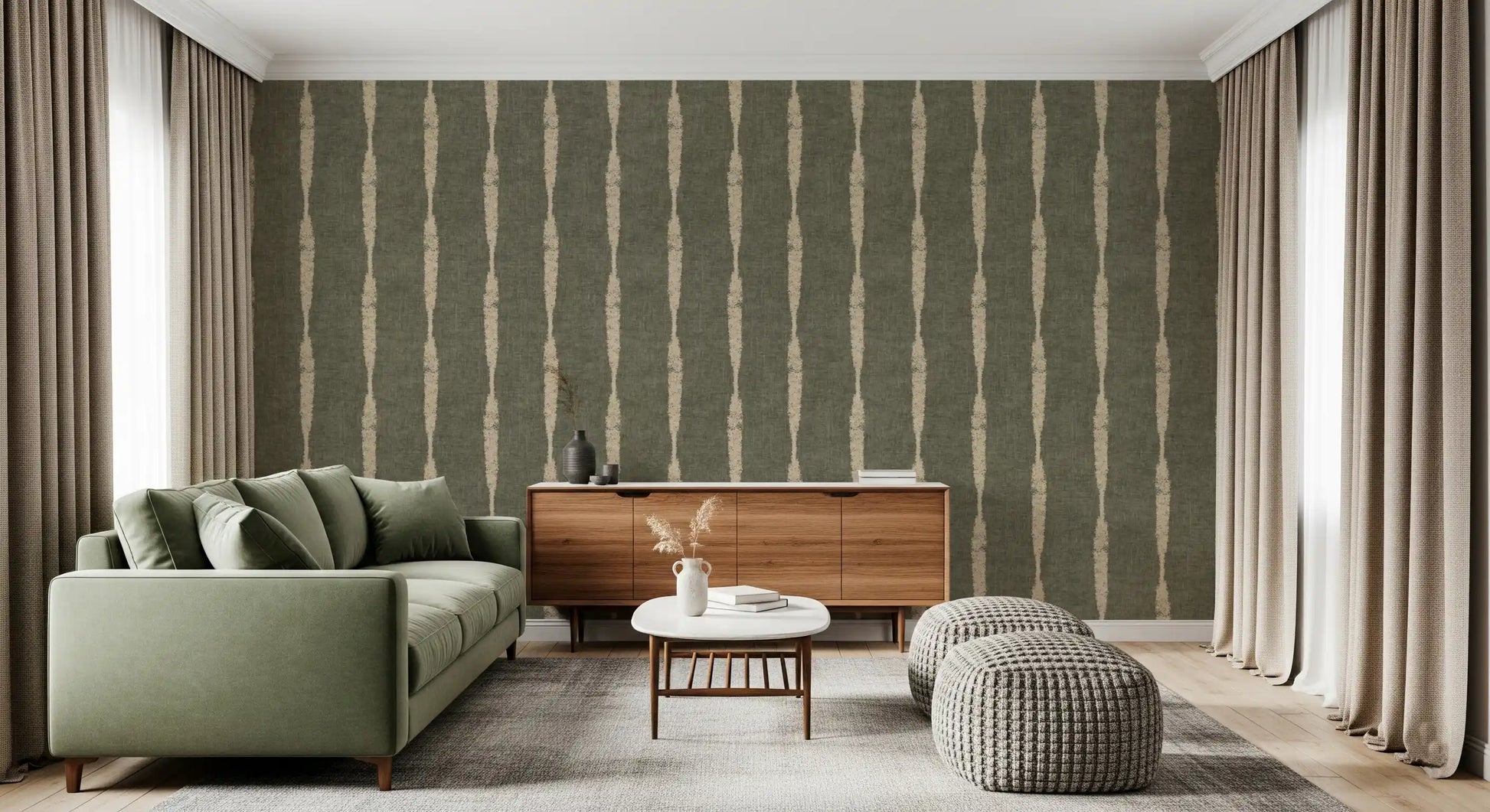 Muted green tones with chalky beige stripe wallpaper shaping a relaxed lounge