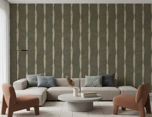 Living room paired with warm beige and muted green distressed stripe wallpaper
