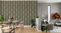 Warm beige strokes on muted green stripe wallpaper setting a calm dining room