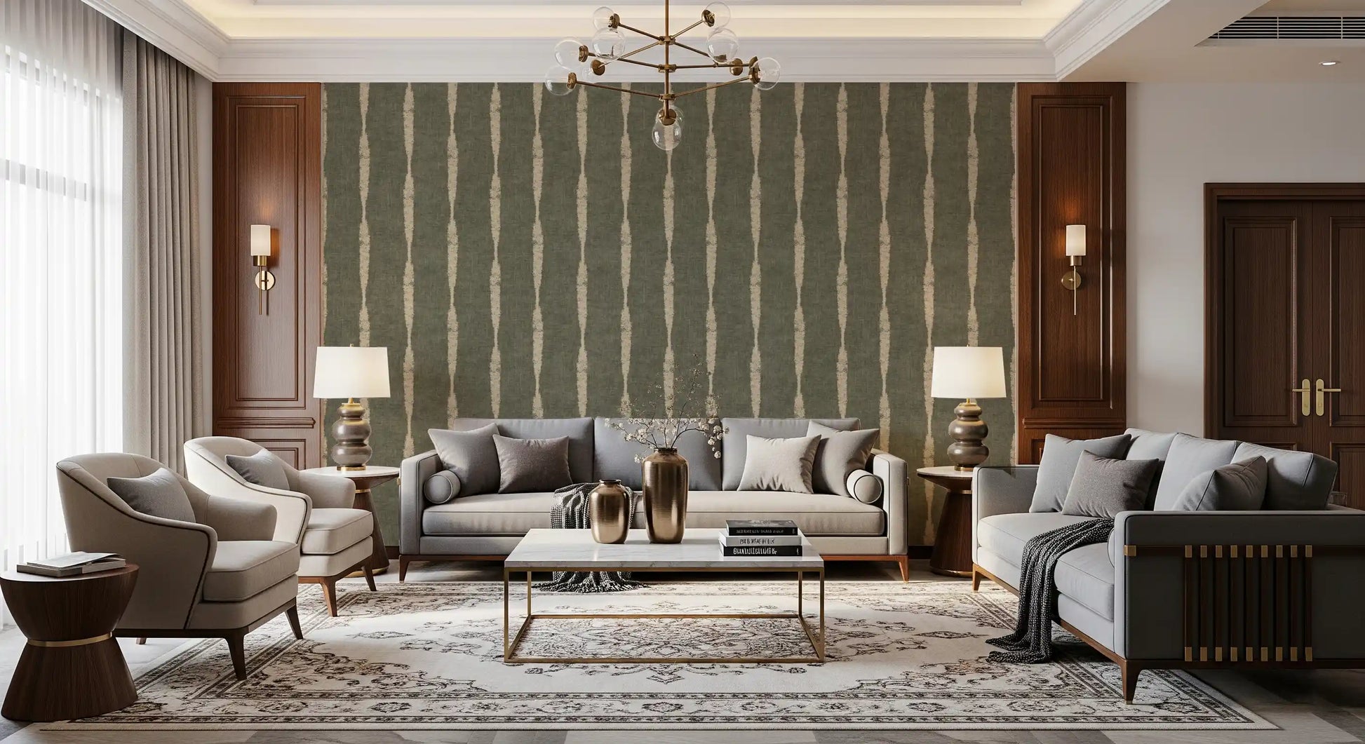 Slim beige columns and frayed marks running along muted green stripe wallpaper