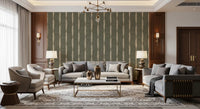 Slim beige columns and frayed marks running along muted green stripe wallpaper