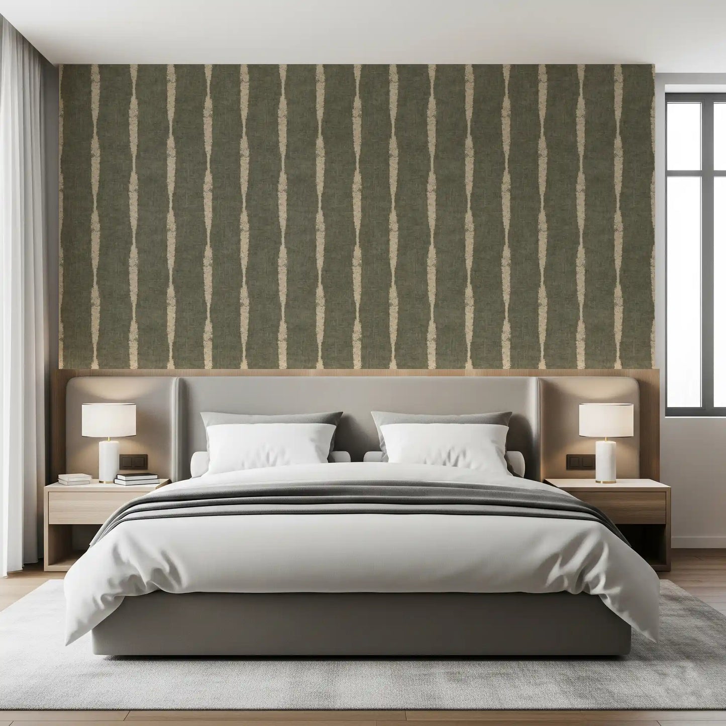 Stripe wallpaper with warm beige strokes over muted green grounding the bedroom