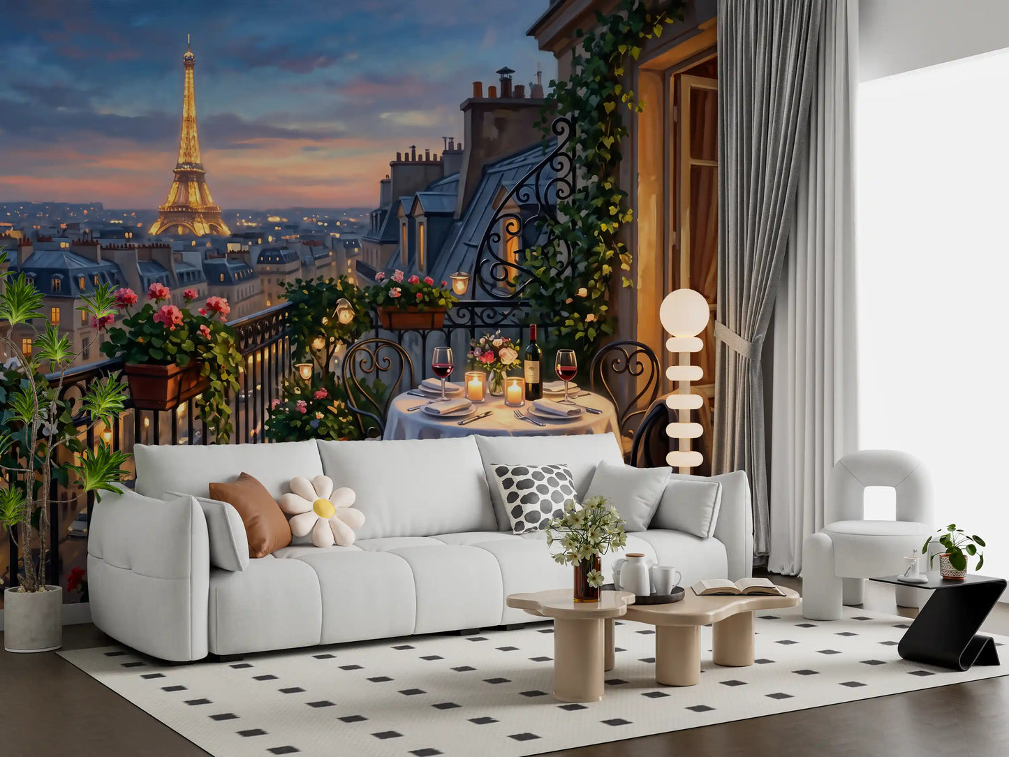 Dusk tones from the Parisian Balcony wall mural fill a quiet Living room calmly.