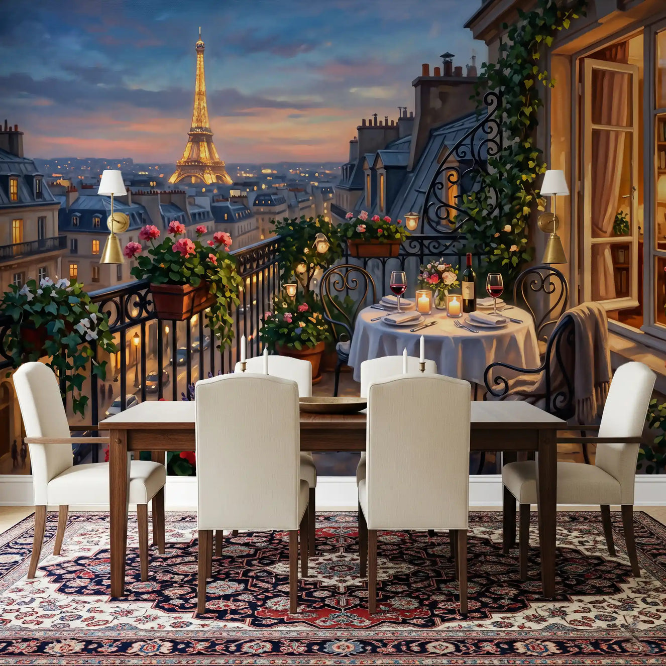 An intimate dining room glows beneath the Parisian Balcony Romance wall mural.