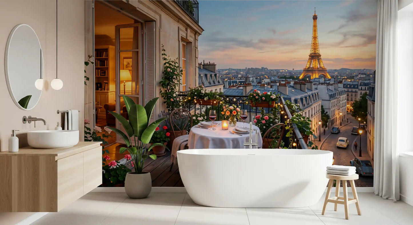 Amber, blush, and slate dusk palette in the Parisian Sunset Romance wall mural.

