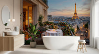 Amber, blush, and slate dusk palette in the Parisian Sunset Romance wall mural.
