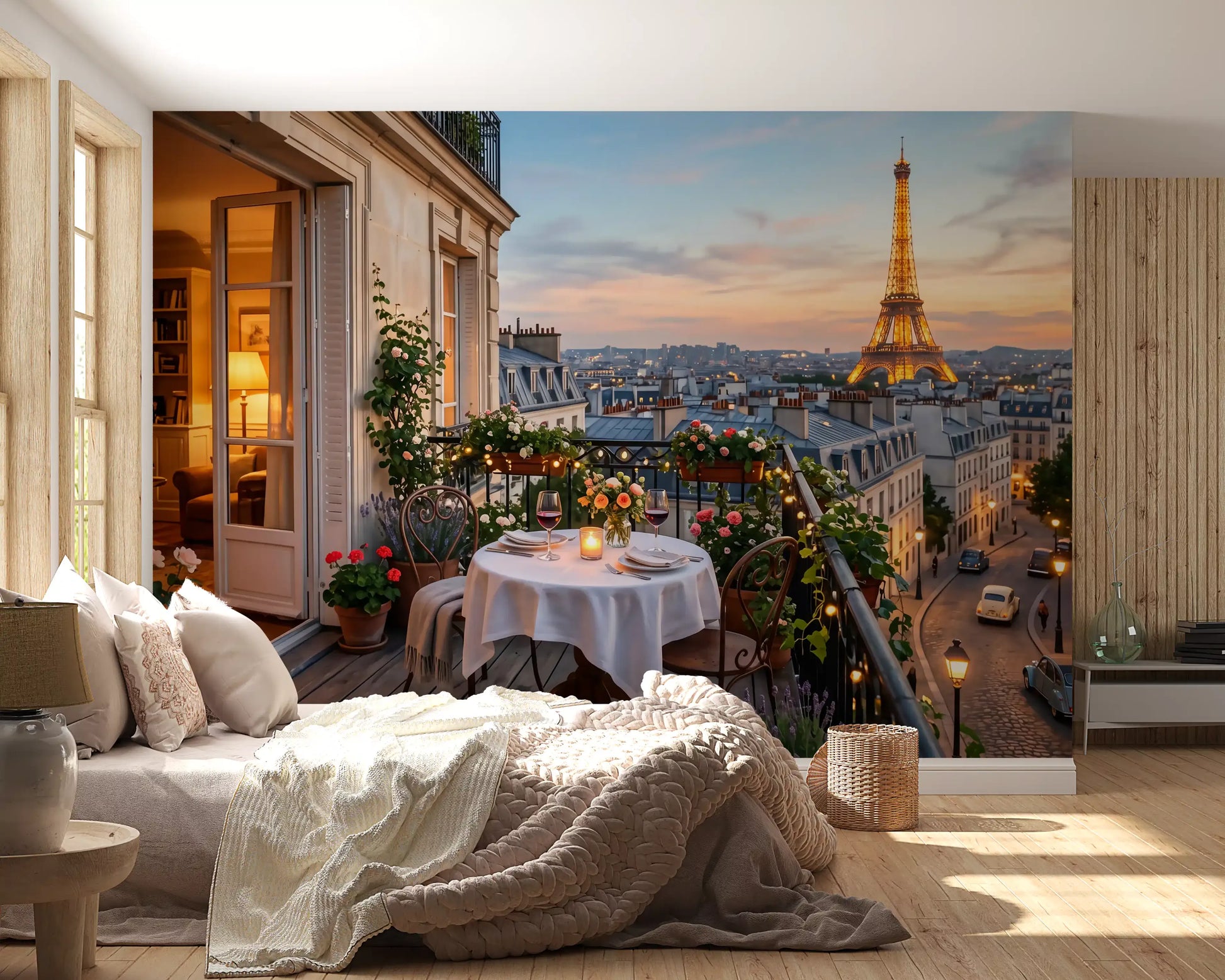 Pink roses and lavender along the railings in the Sunset Romance wall mural.