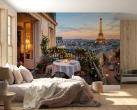 Pink roses and lavender along the railings in the Sunset Romance wall mural.
