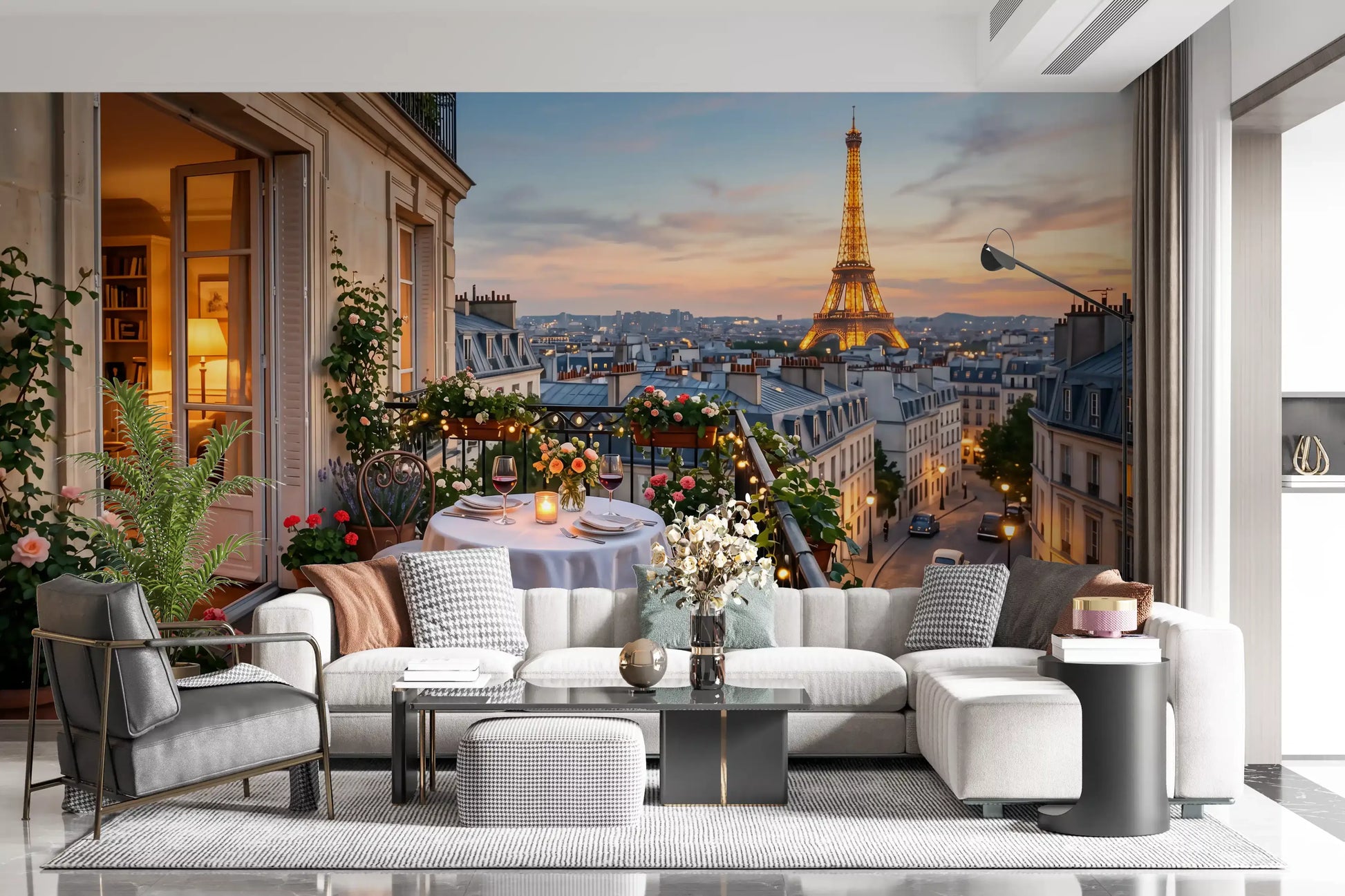 Quiet charm wraps a lounge alongside the Parisian Sunset Romance wall mural.
