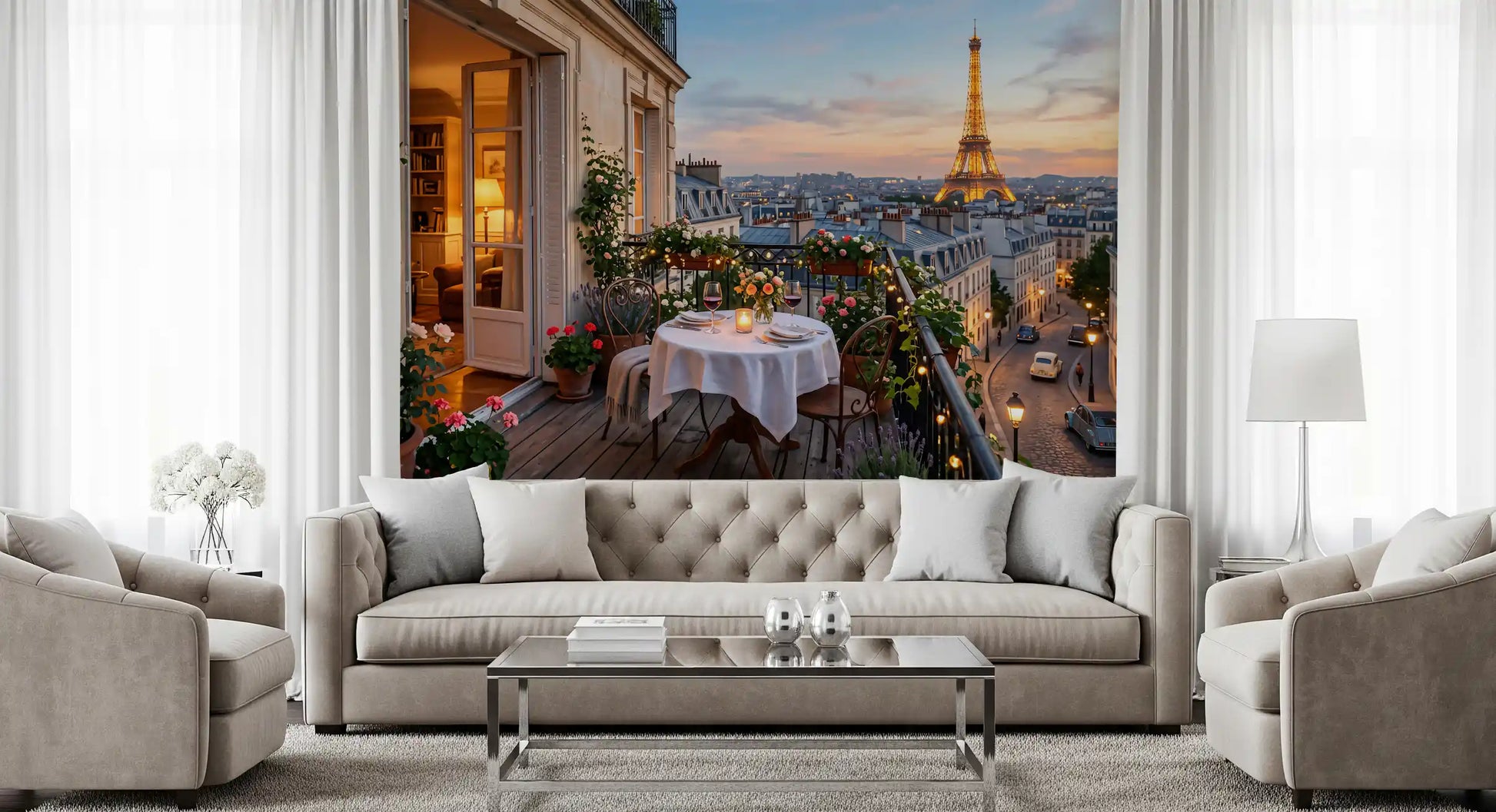 Eiffel Tower lit gold against pink dusk on the Parisian Sunset wall mural.