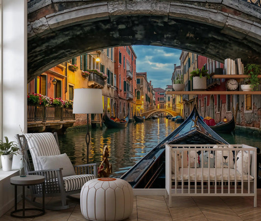A Venice canal scene opens up the Nursery in this twilight wall mural.
