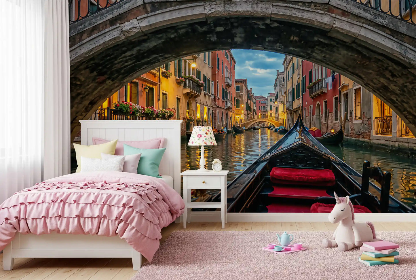 Twilight Venice scenery anchors Kids bedroom with stone arch wall mural detail.