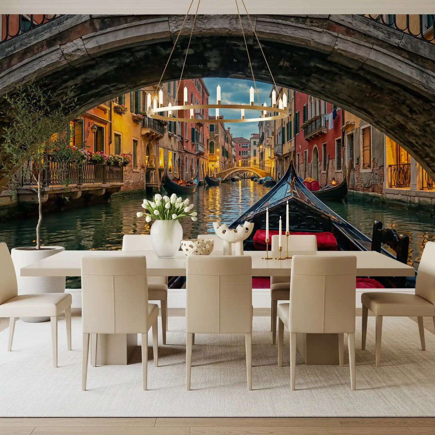 Amber-lit canal views enrich this dining room with romantic Venice wall mural style.

