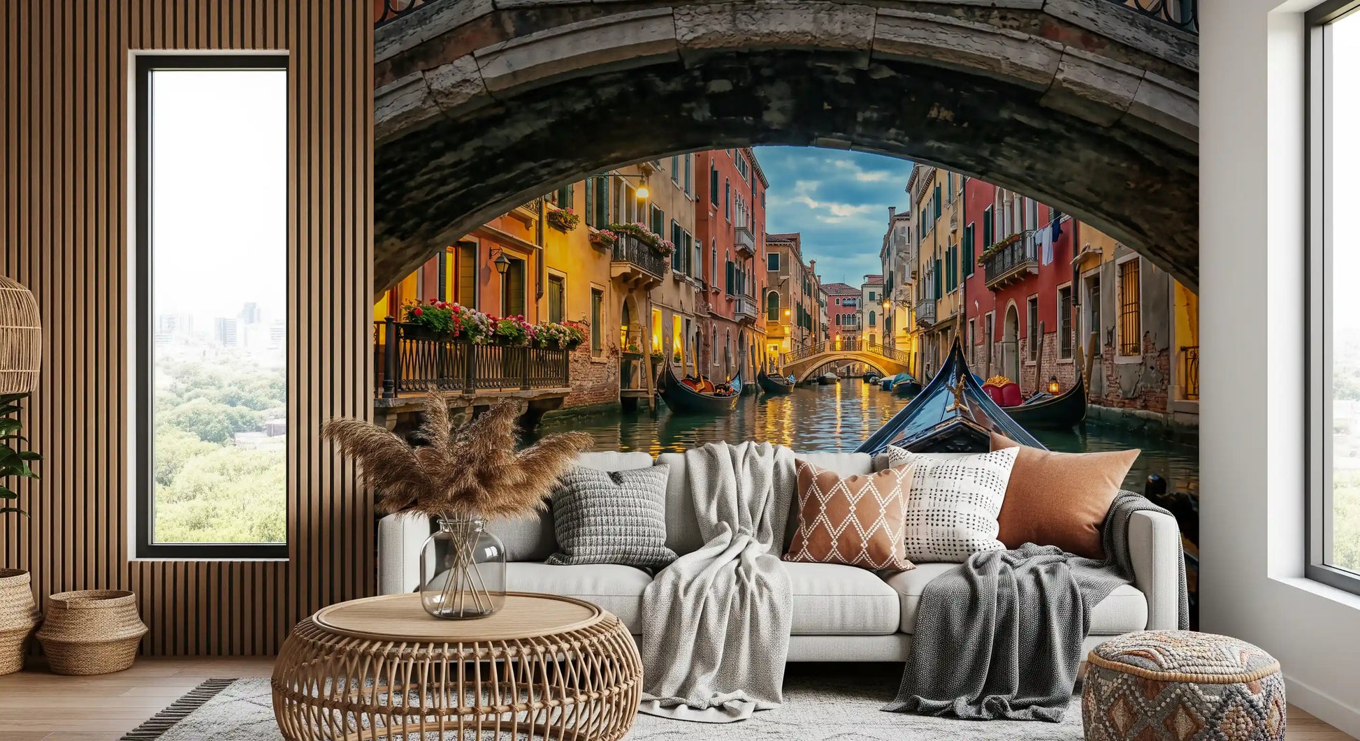 Reflections shimmer on dark canal water in this twilight Venice wall mural.