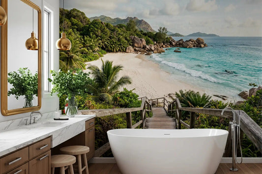 Island Steps wall mural lends a coastal calm to a bright bathroom