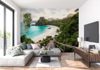 A calm tropical bay scene anchors the lounge in this Serenity wall mural.