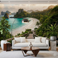 Lush palms frame a longtail boat near the shore in this Serenity wall mural.