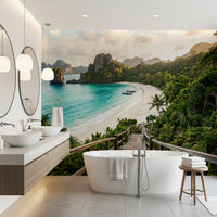 Limestone karsts rise from clear water in the Emerald Bay wall mural scene.