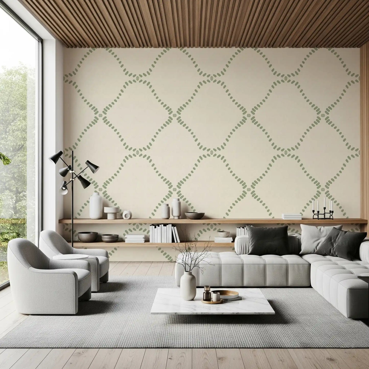 Cream linen texture backs the green trellis in this coastal boho wallpaper